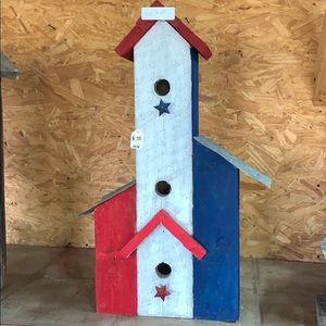 Handmade red white and blue birdhouse